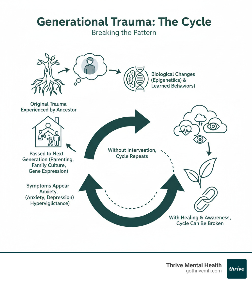 Infographic showing the cycle of generational trauma transmission: Original trauma experienced by ancestor → Biological changes (epigenetics) and learned behaviors → Passed to next generation through parenting, family culture, and gene expression → Symptoms appear (anxiety, depression, hypervigilance) → Without intervention, cycle repeats → With healing and awareness, cycle can be broken - generational trauma infographic 
