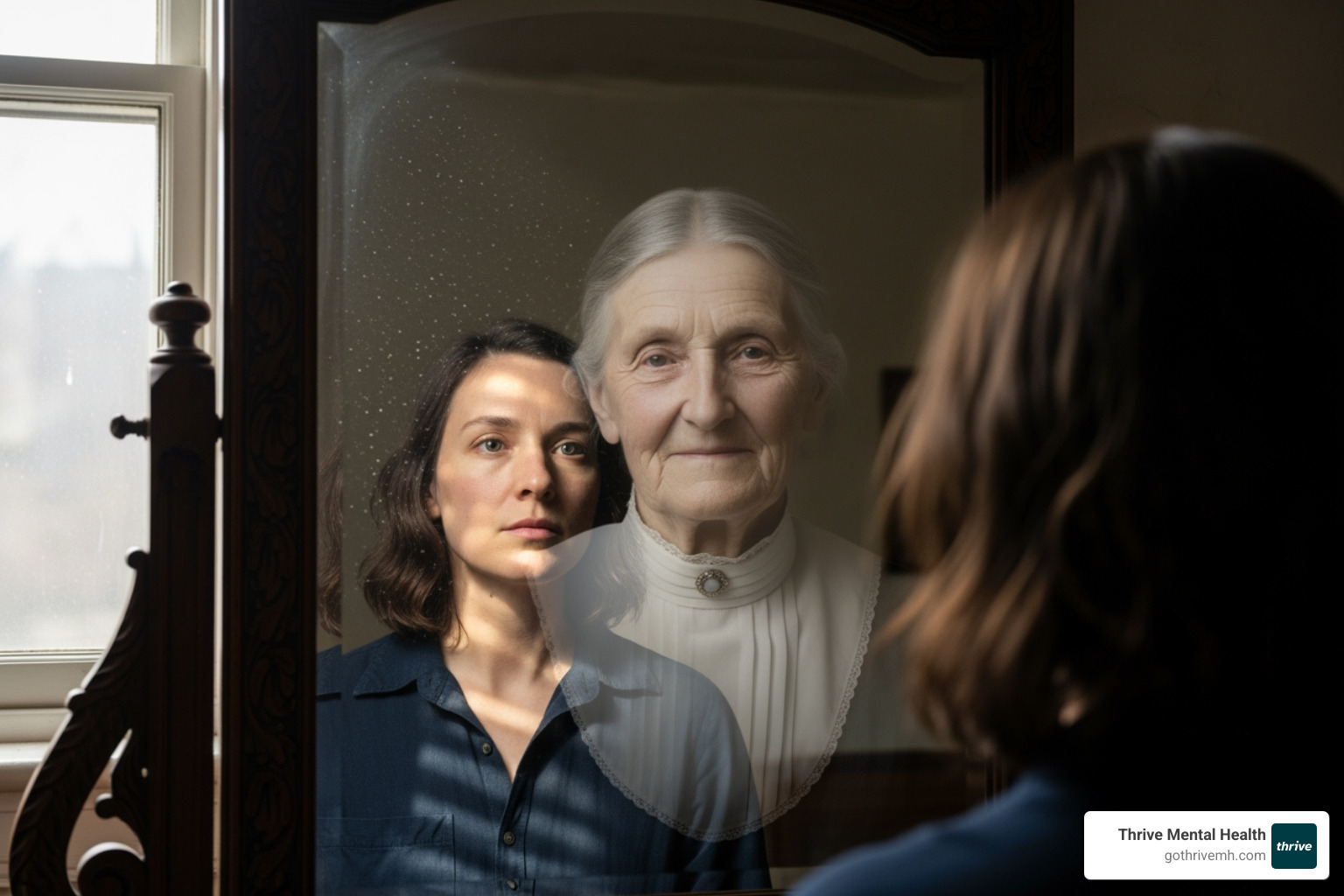 person looking in mirror seeing ancestor - generational trauma