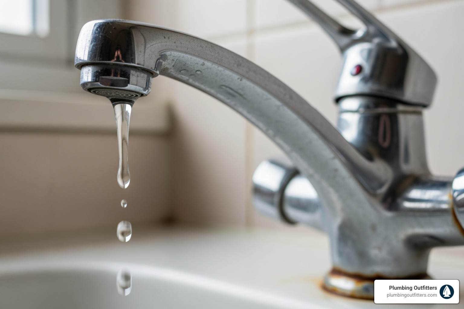 Infographic showing the top 5 signs your faucet needs repair: 1) Persistent dripping from spout, 2) Leaks around faucet base or under sink, 3) Visible rust or corrosion on fixture, 4) Squeaky or stiff handles that are hard to turn, 5) Low or inconsistent water pressure - faucet repair in austin, tx Dripping faucet showcasing water drop, highlighting common plumbing issue in Austin's hard water conditions.