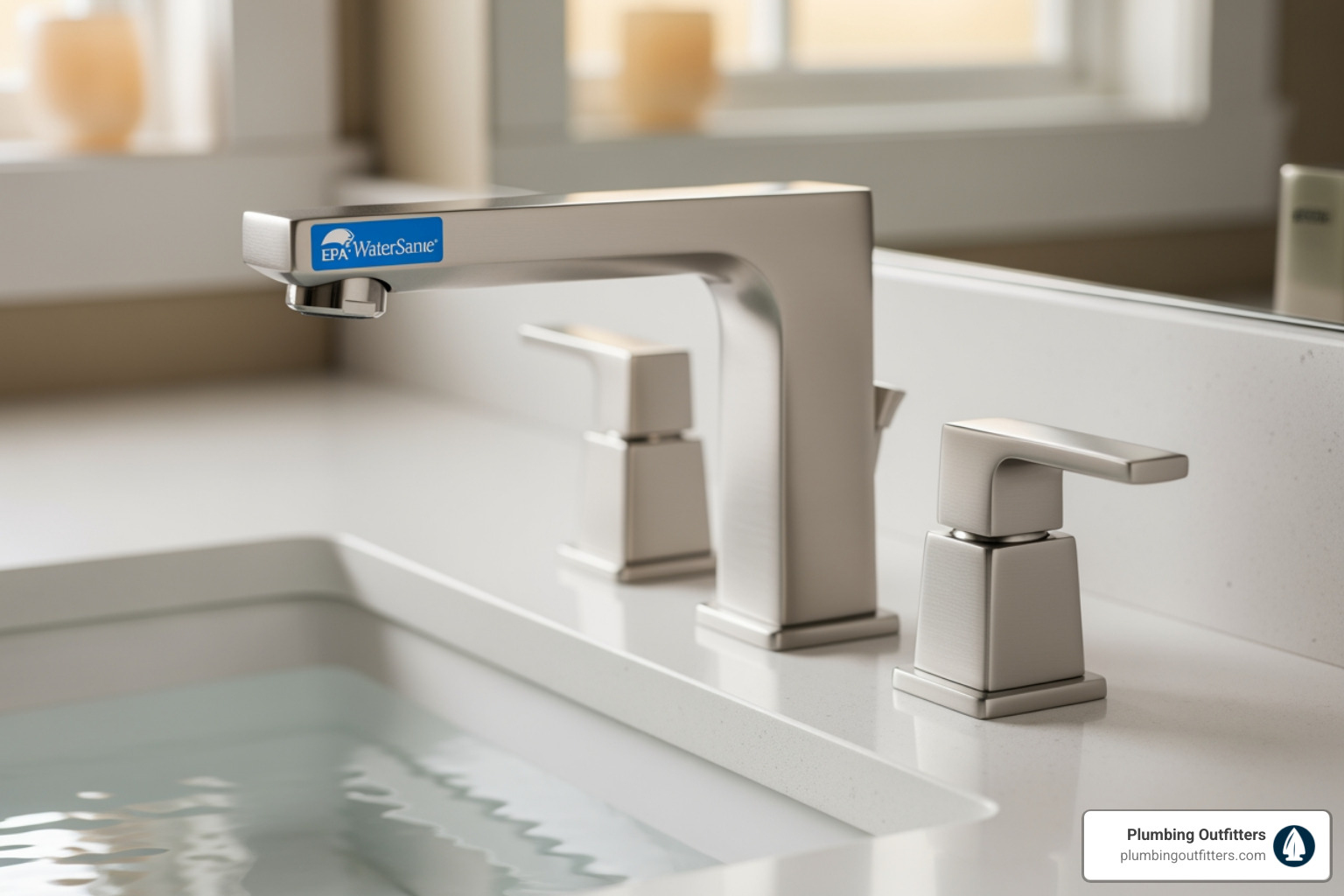 of a WaterSense labeled bathroom faucet - faucet repair in austin, tx Modern faucet with EPA WaterSense label, featuring sleek design and efficient water flow, installed in a kitchen sink with mineral-rich water reflection, emphasizing Austin faucet repair services.