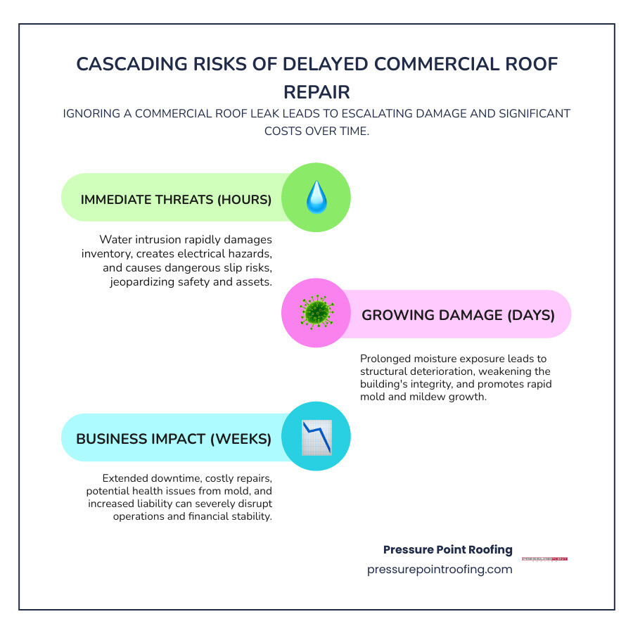 infographic showing the cascading risks of delayed commercial roof repair: water intrusion leads to inventory damage within hours, electrical hazards and slip risks within 24 hours, structural deterioration and mold growth within days, and business interruption and liability concerns within weeks - 24 hour commercial roofing in eagle point, or infographic infographic-line-3-steps-colors infographic showing the cascading risks of delayed commercial roof repair: water intrusion leads to inventory damage within hours, electrical hazards and slip risks within 24 hours, structural deterioration and mold growth within days, and business interruption and liability concerns within weeks - 24 hour commercial roofing in eagle point, or infographic infographic-line-3-steps-colors