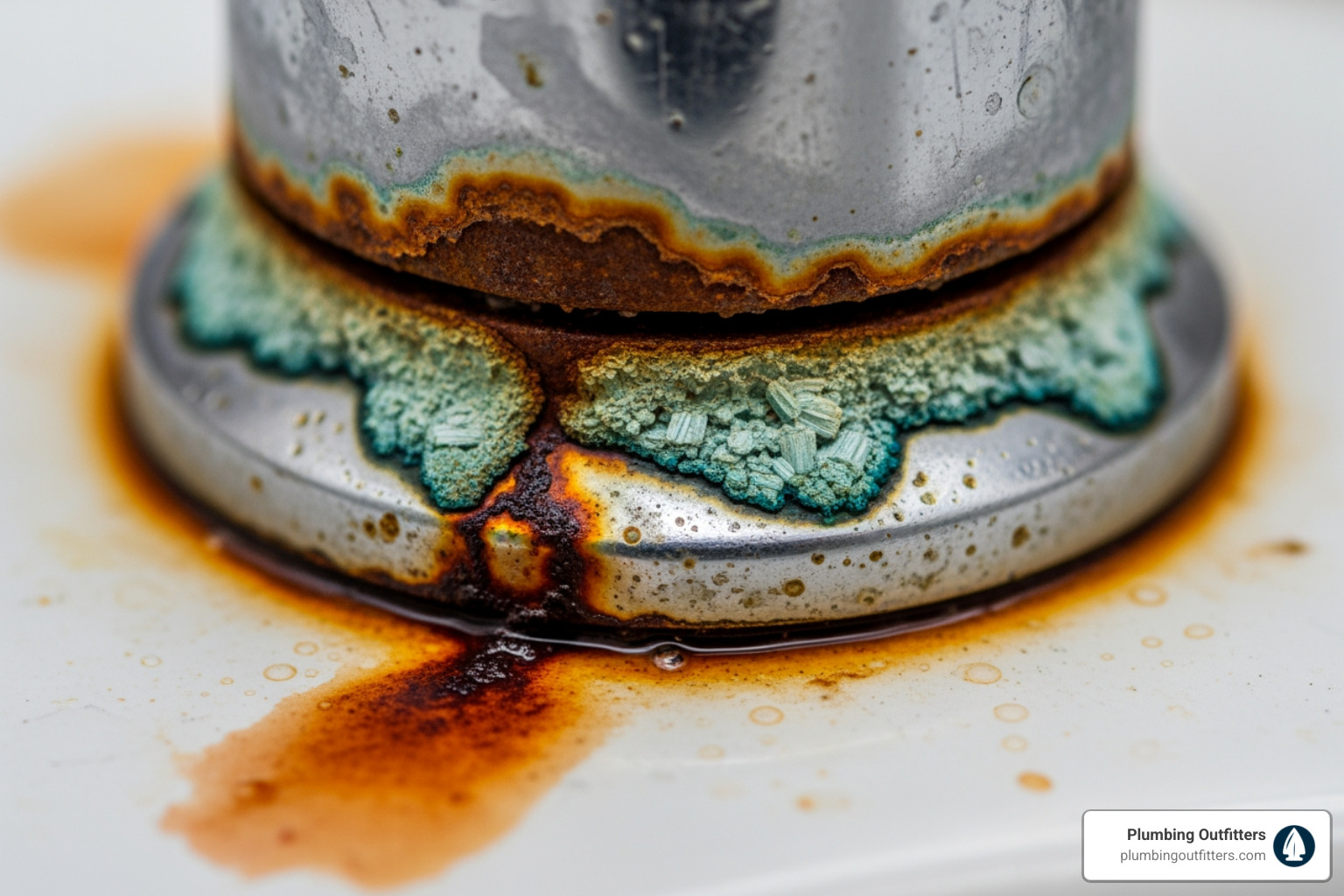 of a corroded and stained faucet base - faucet repair in austin, tx Corroded faucet base showing reddish-brown rust and green-blue mineral buildup, indicating deterioration from hard water in Austin, TX.