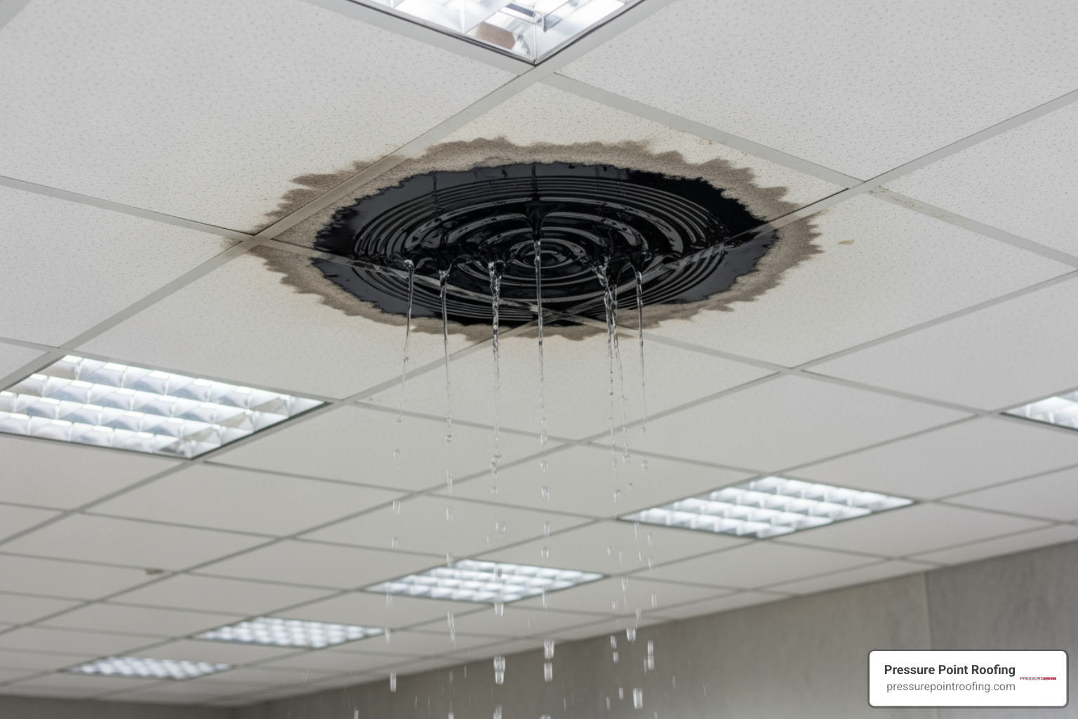 a large water stain and dripping from a commercial ceiling - 24 hour commercial roofing in eagle point, or a large water stain and dripping from a commercial ceiling - 24 hour commercial roofing in eagle point, or