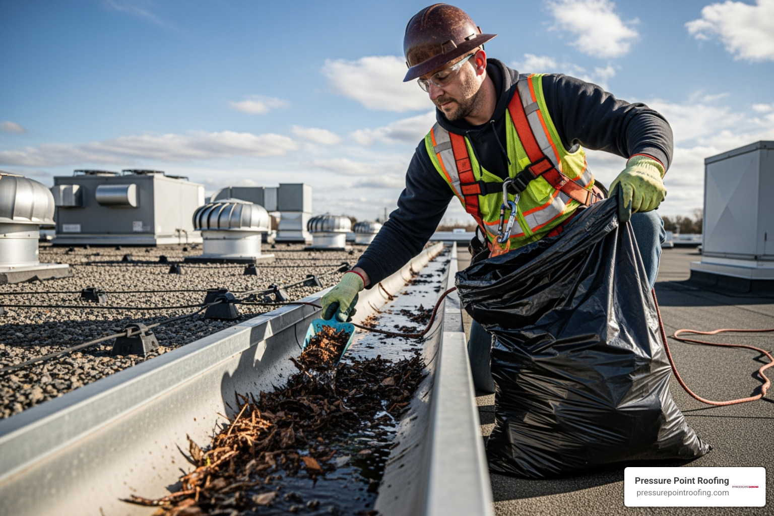 a professional roofer clearing debris from a commercial roof gutter - 24 hour commercial roofing in eagle point, or a professional roofer clearing debris from a commercial roof gutter - 24 hour commercial roofing in eagle point, or