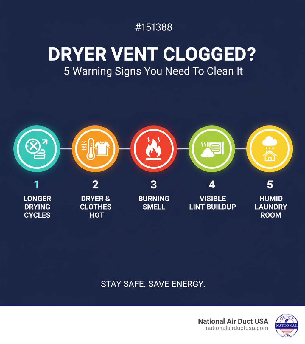 Infographic showing the top 5 signs your dryer vent needs cleaning: 1. Clothes take longer than usual to dry (more than one cycle), 2. Dryer and clothes feel unusually hot after a cycle, 3. Burning smell during operation, 4. Visible lint accumulation around the outside vent opening, 5. Laundry room becomes hot and humid during drying - dryer vent cleaning infographic 