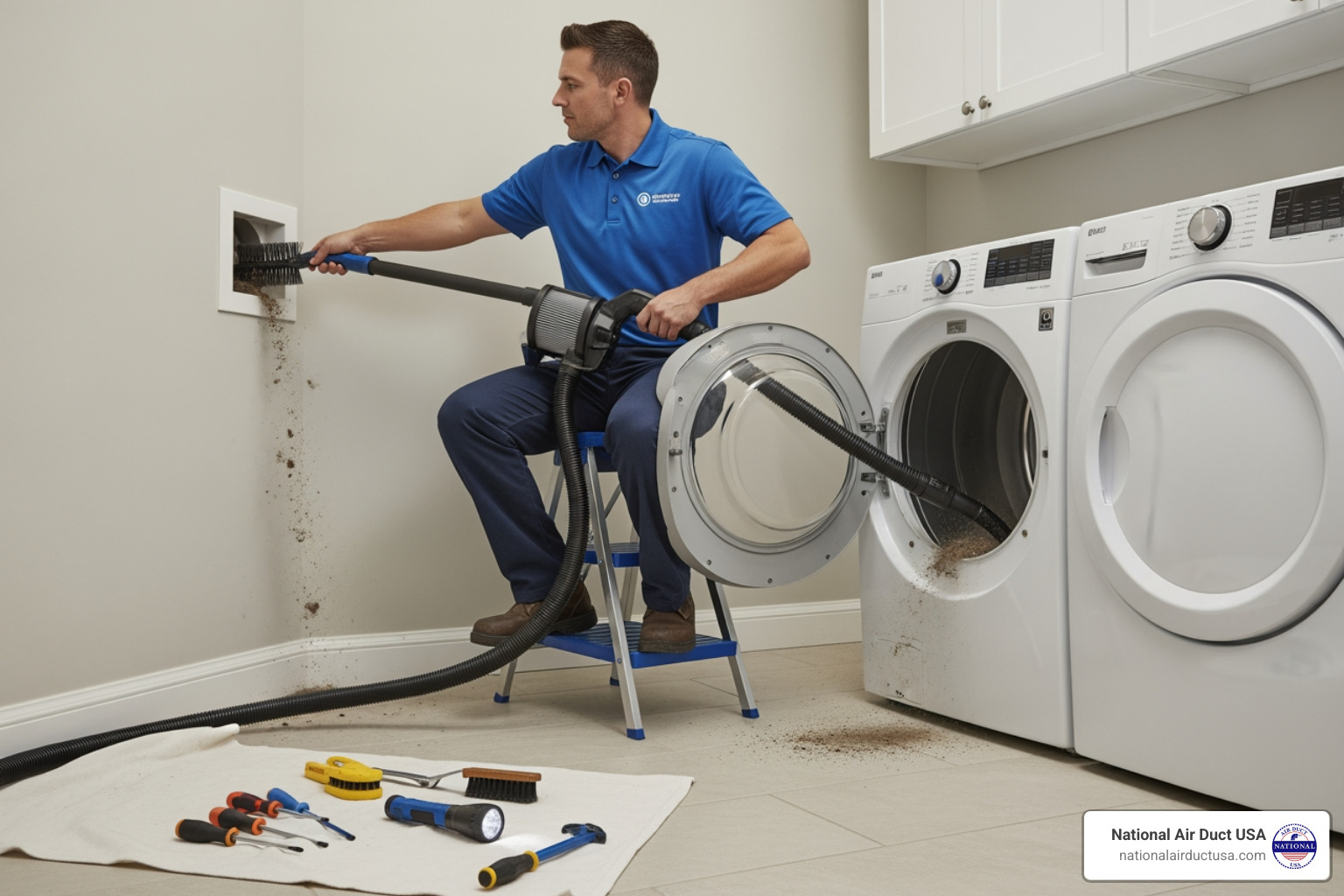 professional technician cleaning dryer vent - dryer vent cleaning