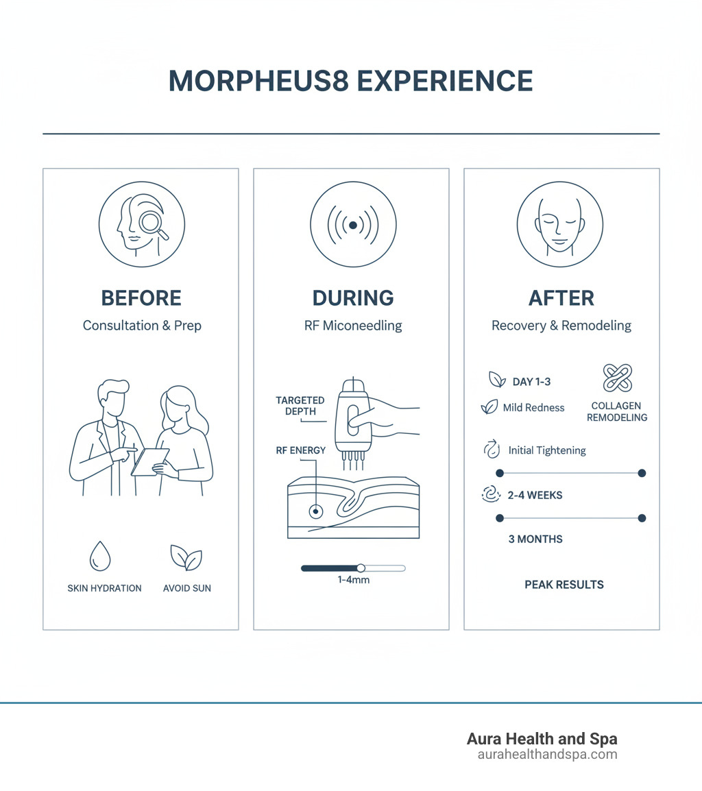 Infographic showing the three phases of Morpheus8 treatment: Before (consultation and skin preparation), During (RF microneedling application with depth customization), and After (recovery timeline and collagen remodeling process over 3 months) - morpheus facial procedure infographic 