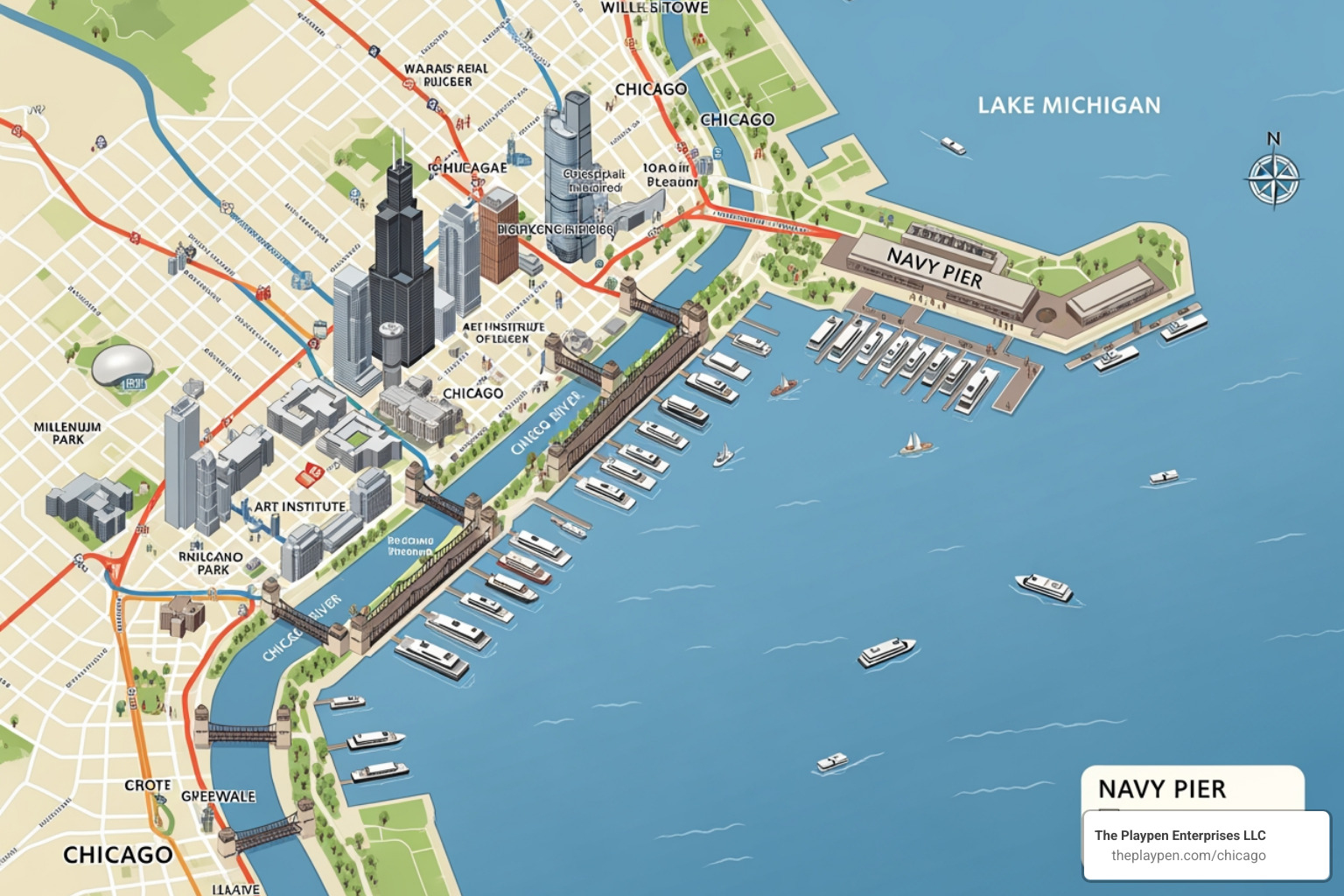 Map showing popular boat departure points like Navy Pier and the Riverwalk - chicago boat events