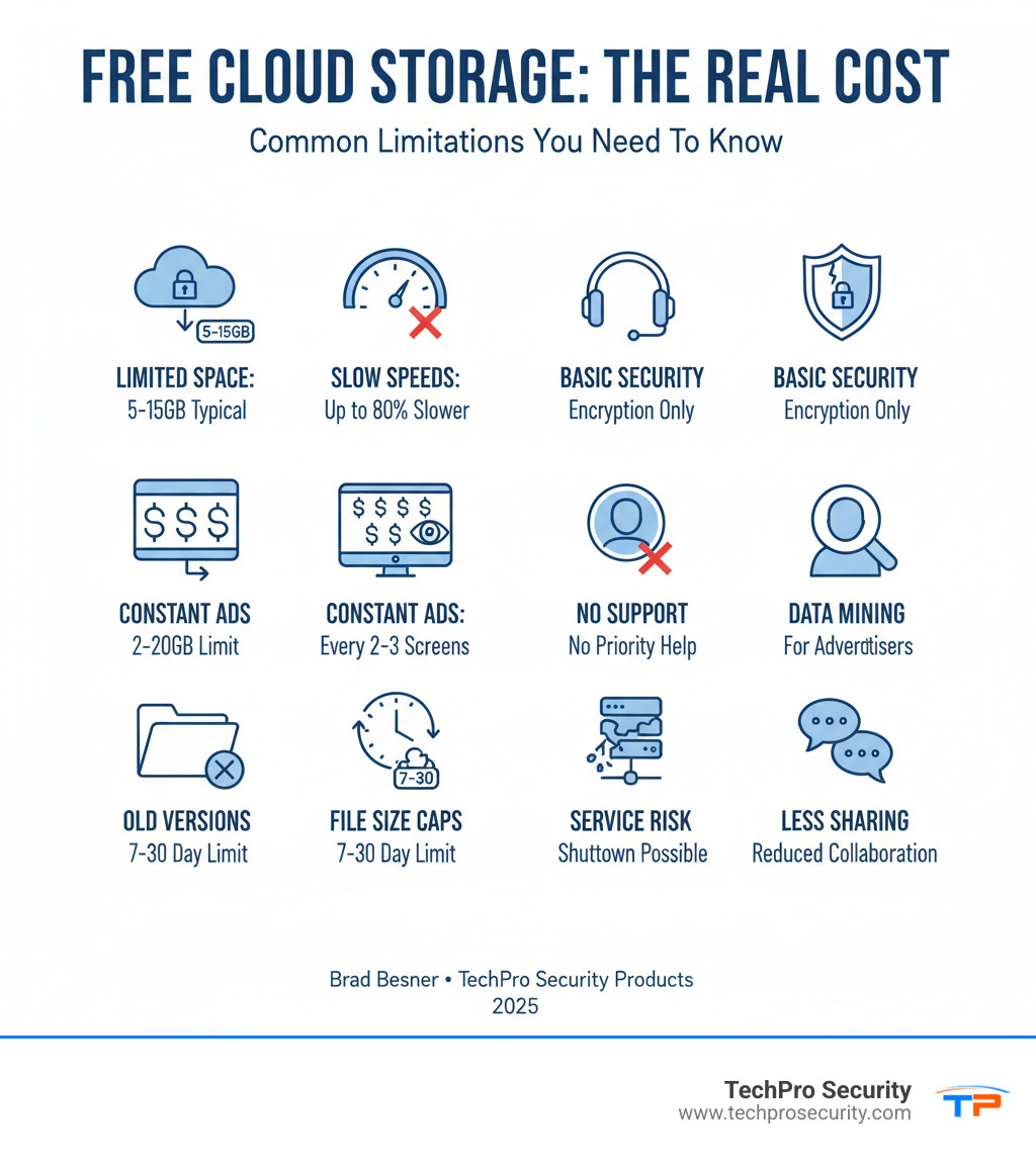 Infographic showing common limitations of free cloud storage: 5-15GB typical storage, speed throttling up to 80% slower, advertisements every 2-3 screens, file size limits of 2-20GB, limited file versioning (7-30 days), basic encryption only, no priority support, potential data mining for ads, service shutdown risk, and reduced collaboration features - unlimited storage free infographic 