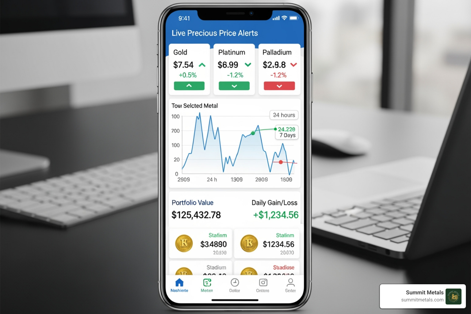 mobile phone displaying Summit Metals' live price alerts and dashboard - Real-time precious metal prices
