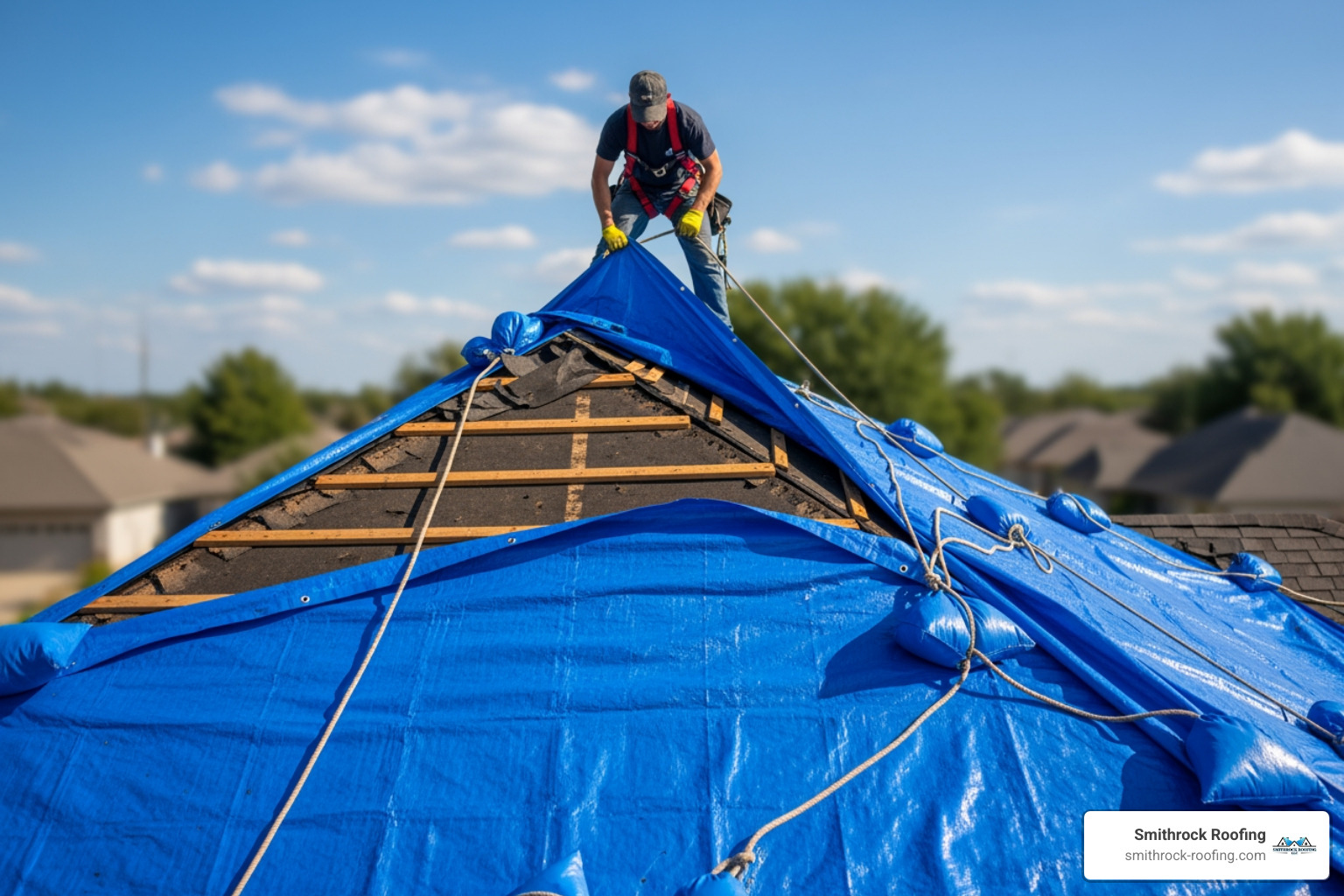 a professional roofer safely applying a blue emergency tarp to a damaged section of a roof - emergency roof repair high point nc