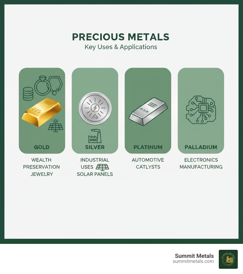 infographic showing the four main precious metals: gold bar representing wealth preservation and jewelry, silver coin showing industrial uses and solar panels, platinum ingot highlighting automotive catalysts, and palladium piece indicating electronics manufacturing - Real-time precious metal prices infographic 
