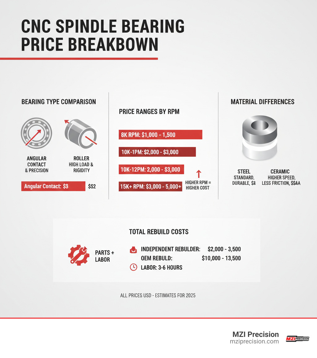 INFOGRAPHIC SHOWING CNC SPINDLE BEARING PRICE BREAKDOWN: BEARING TYPE COMPARISON (ANGULAR CONTACT VS ROLLER BEARINGS), PRICE RANGES BY RPM RATING (8K, 10K-12K, 15K+), MATERIAL DIFFERENCES (STEEL VS CERAMIC), AND TOTAL REBUILD COSTS INCLUDING PARTS AND LABOR - CNC SPINDLE BEARING PRICE INFOGRAPHIC 
