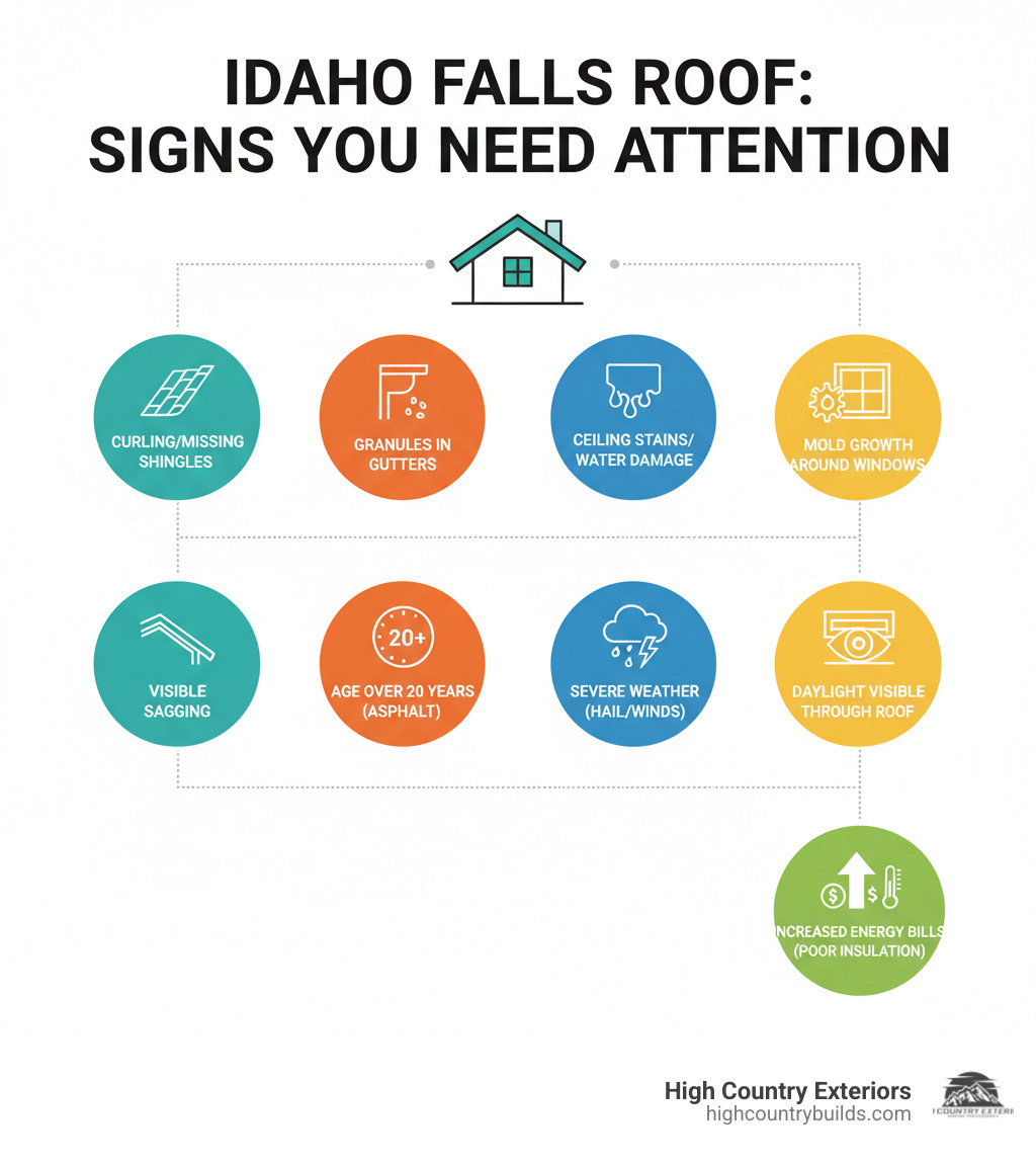 Infographic showing key signs your Idaho Falls roof needs attention: curling or missing shingles, granules in gutters, ceiling stains or water damage, mold growth around windows, visible sagging, age over 20 years for asphalt shingles, recent severe severe weather events like hail or high winds, daylight visible through roof boards, and increased energy bills indicating poor insulation - roofing companies in idaho falls idaho infographic 