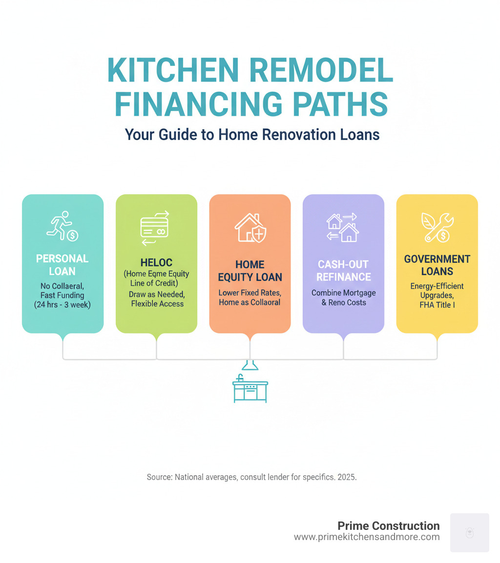 infographic showing five main financing paths for kitchen remodels: Personal Loan with no collateral and fast funding, HELOC with draw-as-needed flexibility, Home Equity Loan with lower fixed rates, Cash-Out Refinance combining mortgage and renovation costs, and Government Loans for energy-efficient upgrades - kitchen remodel loans infographic 