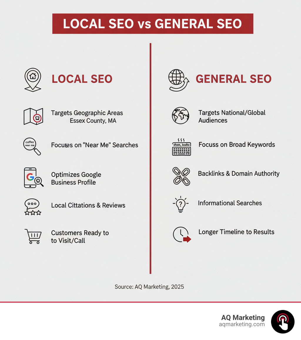 Infographic comparing Local SEO vs General SEO: Local SEO targets geographic areas like Essex County MA, focuses on 'near me' searches, optimizes Google Business Profile, builds local citations and reviews, targets customers ready to visit or call. General SEO targets national or global audiences, focuses on broad keywords, emphasizes backlinks and domain authority, targets informational searches, longer timeline to results. - local SEO Essex infographic Infographic comparing Local SEO vs General SEO: Local SEO targets geographic areas like Essex County MA, focuses on 'near me' searches, optimizes Google Business Profile, builds local citations and reviews, targets customers ready to visit or call. General SEO targets national or global audiences, focuses on broad keywords, emphasizes backlinks and domain authority, targets informational searches, longer timeline to results. - local SEO Essex infographic
