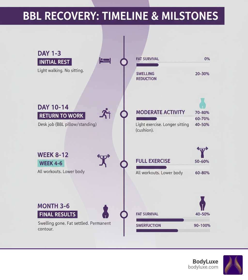 Infographic showing BBL recovery timeline from day 1 through 6 months, including key milestones such as initial rest period, return to work, resuming exercise, and final results with percentages of fat survival and swelling reduction at each stage - bbl recovery time infographic Infographic showing BBL recovery timeline from day 1 through 6 months, including key milestones such as initial rest period, return to work, resuming exercise, and final results with percentages of fat survival and swelling reduction at each stage - bbl recovery time infographic