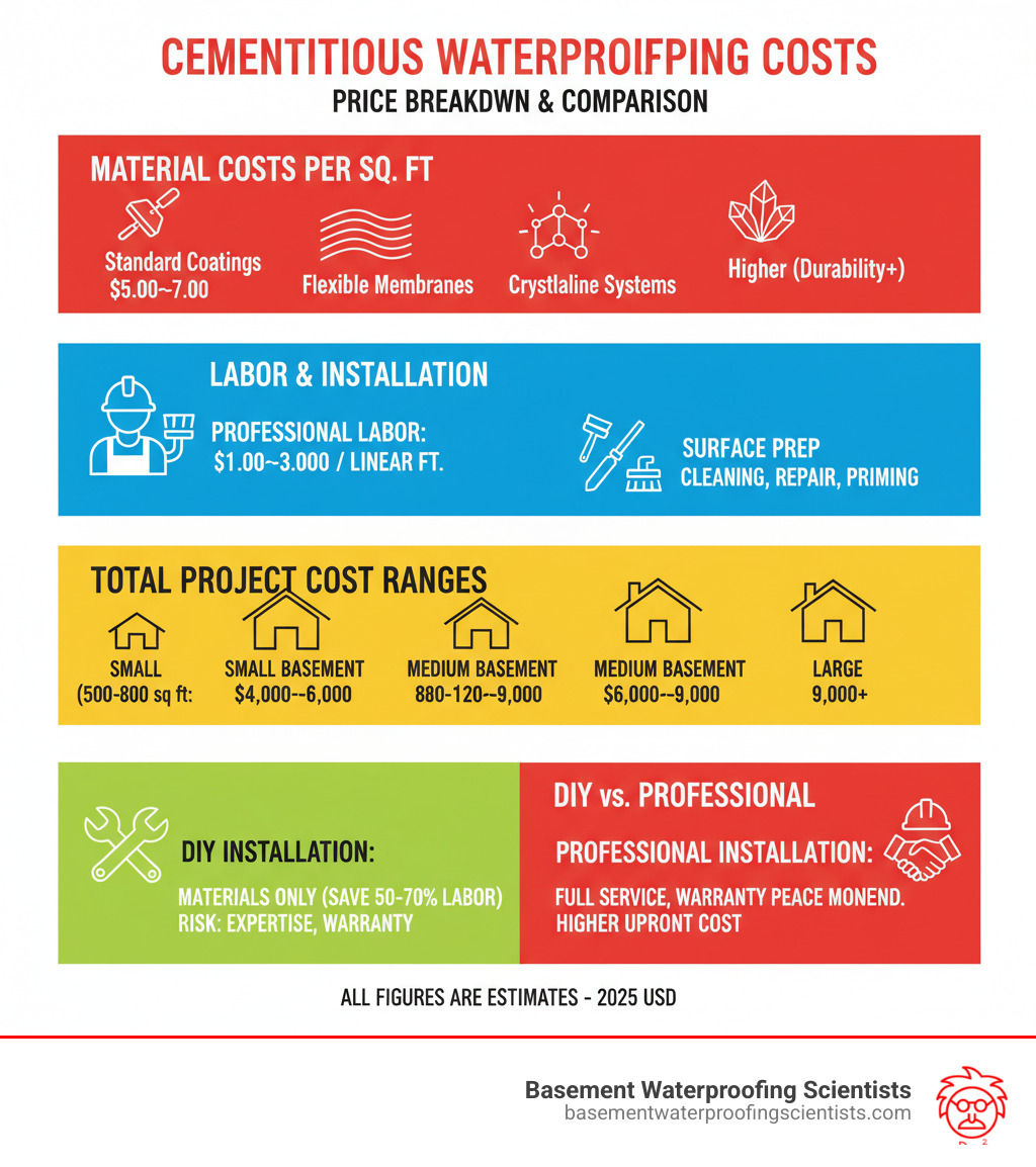 infographic showing the breakdown of cementitious waterproofing costs including material costs per square foot by product type, labor and installation costs, surface preparation requirements, and total project cost ranges for different basement sizes with a comparison of DIY versus professional installation expenses - cementitious waterproofing price infographic infographic showing the breakdown of cementitious waterproofing costs including material costs per square foot by product type, labor and installation costs, surface preparation requirements, and total project cost ranges for different basement sizes with a comparison of DIY versus professional installation expenses - cementitious waterproofing price infographic