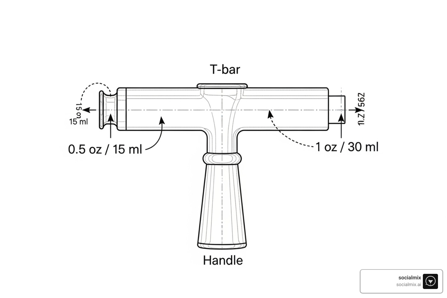 Diagram of a T-bar jigger, highlighting its measuring sections and handle - silver t bar shoes