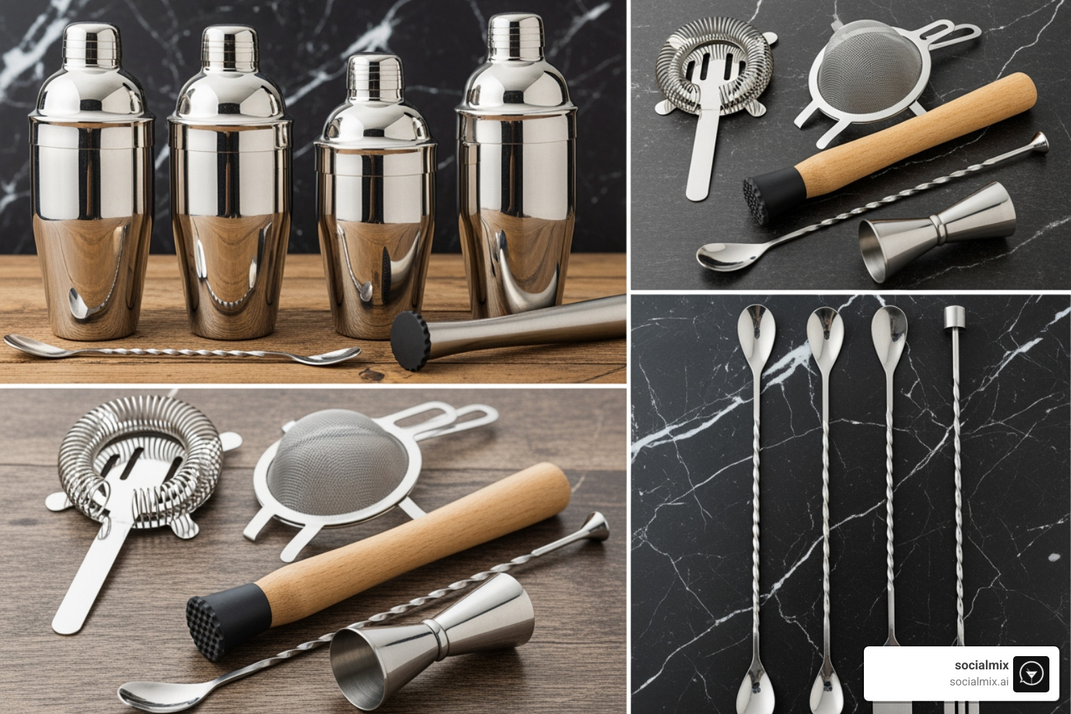 Collage of different bar tools, including shakers, muddlers, and strainers, representing variety in style - silver t bar shoes