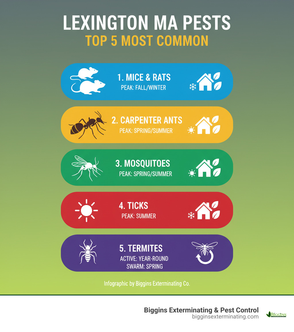 Infographic showing the top 5 most common pests in Lexington MA: 1) Mice and Rats (peak season Fall/Winter), 2) Carpenter Ants (peak season Spring/Summer), 3) Mosquitoes (peak season Summer), 4) Ticks (peak season Spring/Summer), 5) Termites (active year-round, swarm in Spring) - residential pest control lexington ma infographic 