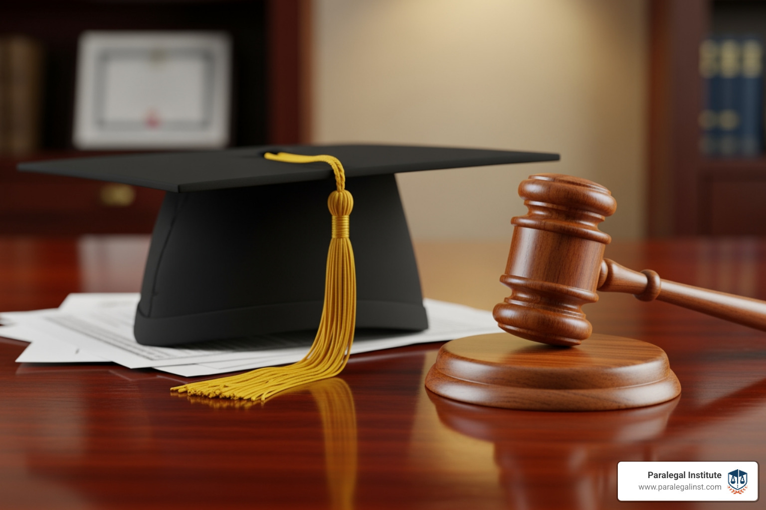 graduation cap next to a legal gavel - certificate in paralegal studies salary