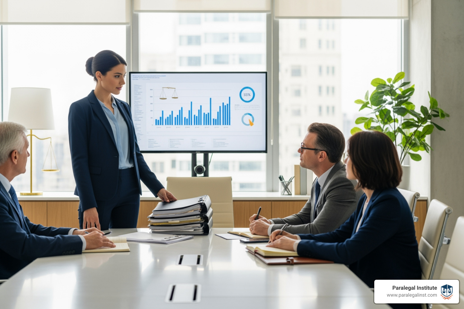 paralegal confidently presenting in a meeting - certificate in paralegal studies salary