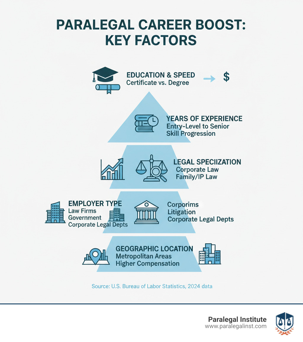 infographic showing key factors influencing paralegal career trajectory and salary: education type and speed of completion, years of experience from entry-level to senior roles, legal specialization areas like corporate law and litigation, employer type including law firms government and corporate legal departments, and geographic location with metropolitan areas offering higher compensation - certificate in paralegal studies salary infographic 