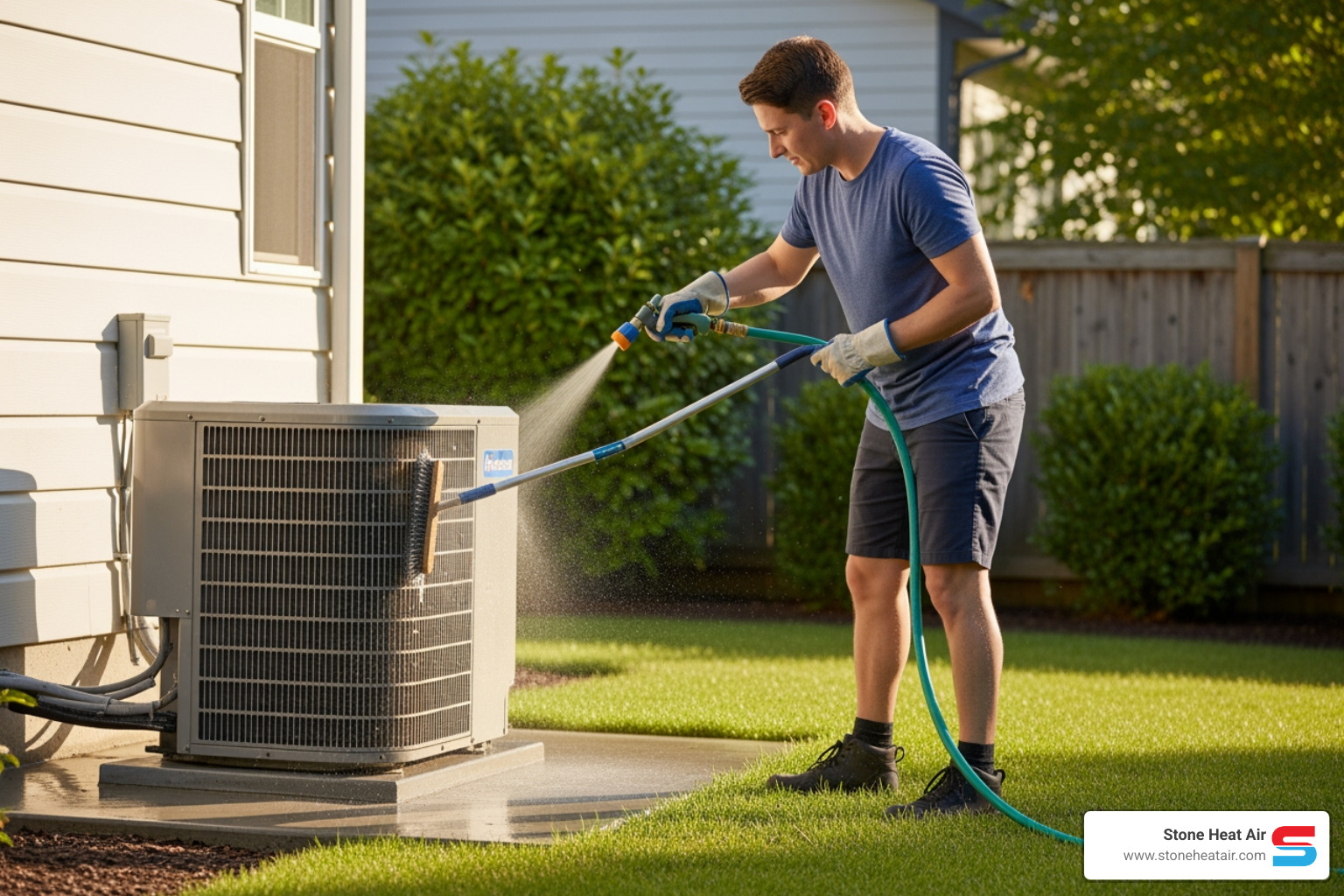 homeowner cleaning the outdoor heat pump unit - heat pump maintenance in medford or homeowner cleaning the outdoor heat pump unit - heat pump maintenance in medford or