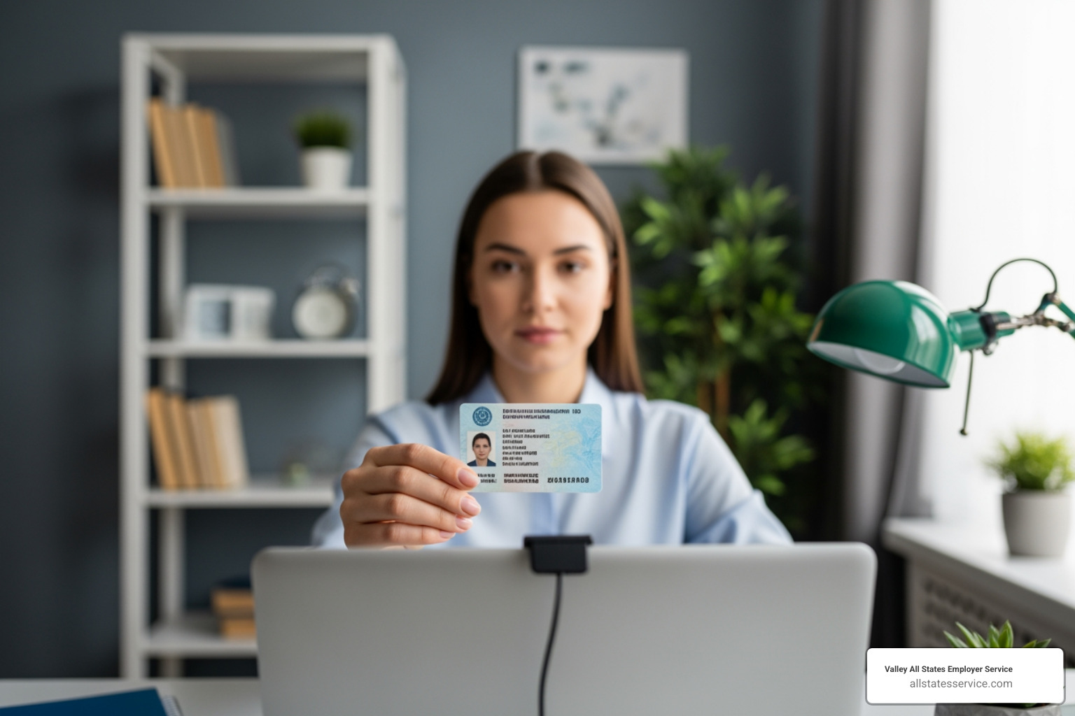 Remote employee holding up ID to webcam - I-9 compliance solutions Remote employee holding up ID to webcam - I-9 compliance solutions