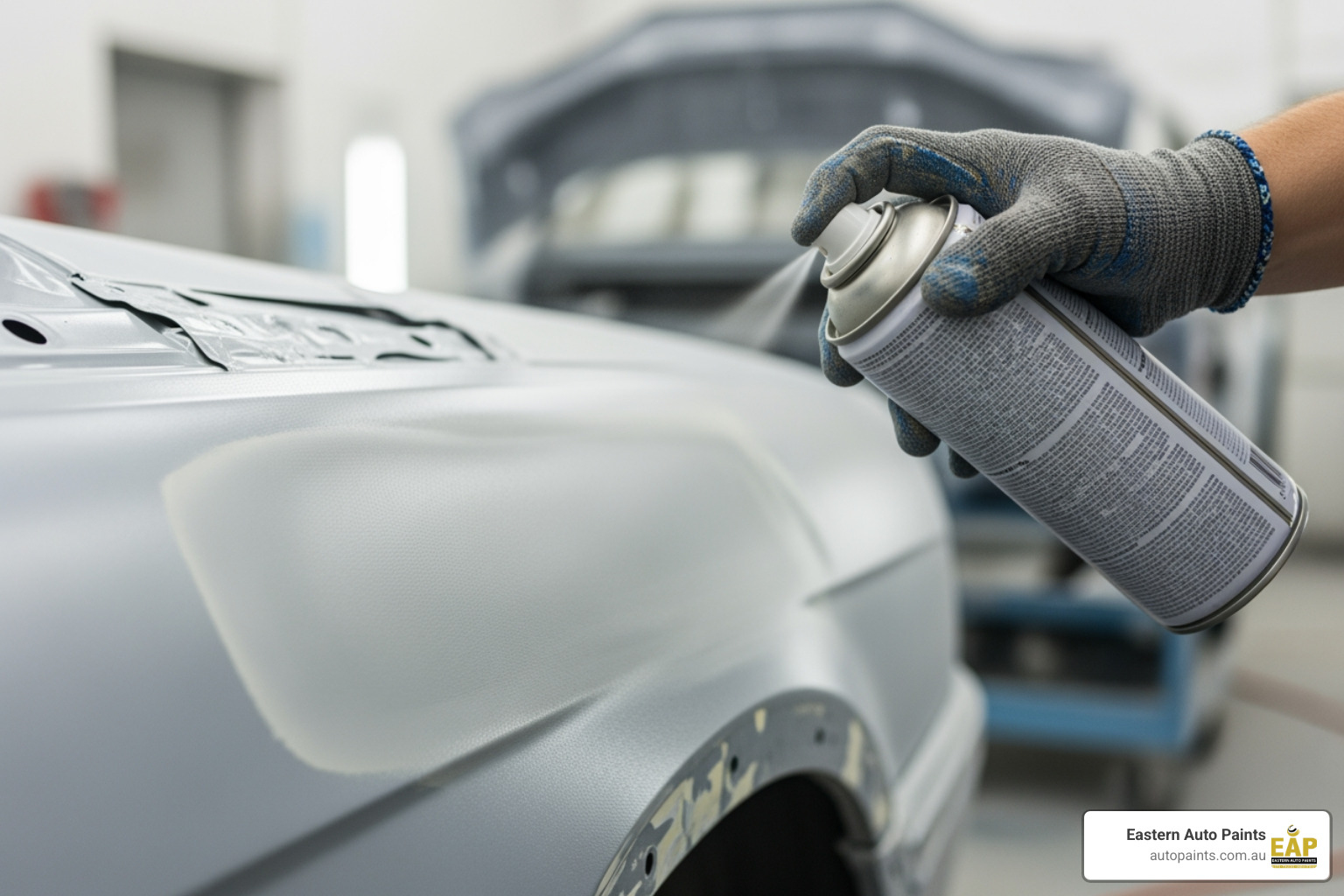 Gloved hand priming a smooth car panel with aerosol paint in a professional workshop. The primer covers the perfectly sanded surface achieved using body filler for cars. Gloved hand priming a smooth car panel with aerosol paint in a professional workshop. The primer covers the perfectly sanded surface achieved using body filler for cars.