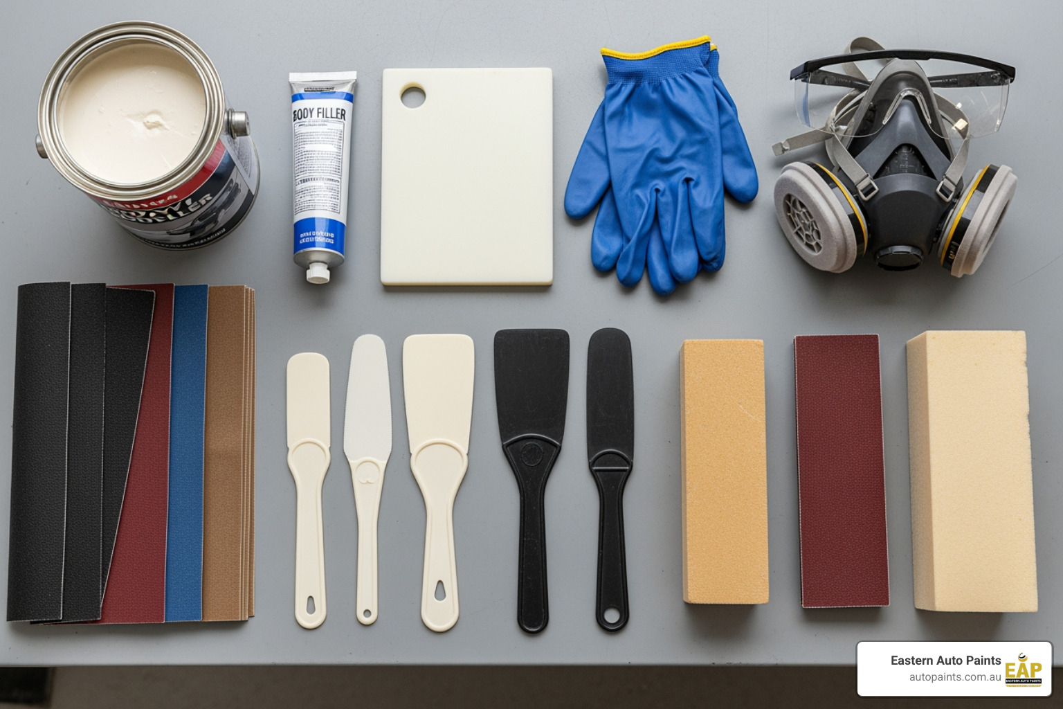 Essential tools for body filler application laid out neatly: fillers, hardener, mixing board, spreaders, sandpaper, sanding block, PPE - body filler for cars Essential tools for body filler application laid out neatly: fillers, hardener, mixing board, spreaders, sandpaper, sanding block, PPE - body filler for cars