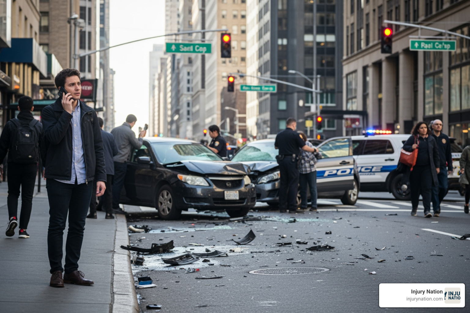 Person on the phone at an accident scene with a police car in the background - Las Vegas accident law firms