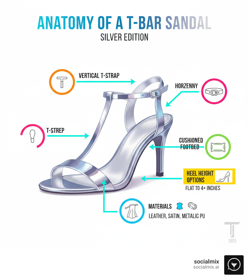 Infographic showing the anatomy of a silver t-bar sandal with labeled parts: vertical T-strap running from toe area, horizontal ankle strap with buckle closure, cushioned footbed, heel height options ranging from flat to 4+ inches, and materials including leather, satin, and metallic PU - silver t bar sandals infographic Infographic showing the anatomy of a silver t-bar sandal with labeled parts: vertical T-strap running from toe area, horizontal ankle strap with buckle closure, cushioned footbed, heel height options ranging from flat to 4+ inches, and materials including leather, satin, and metallic PU - silver t bar sandals infographic