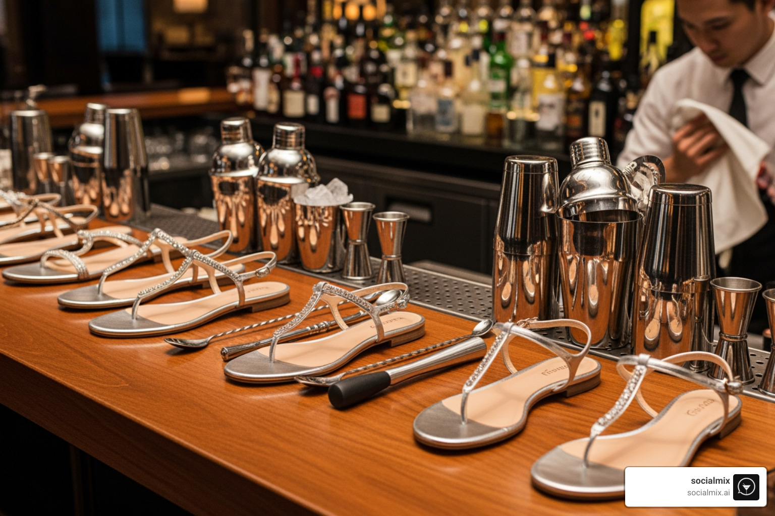 different styles of silver t-bar sandals arranged on a stylish bar counter with cocktail shakers - silver t bar sandals different styles of silver t-bar sandals arranged on a stylish bar counter with cocktail shakers - silver t bar sandals