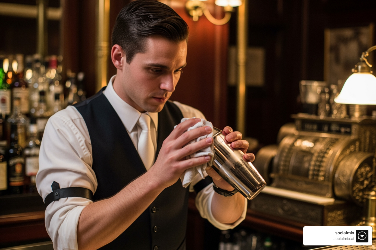 A man in a 1920s bartender outfit with a vest and arm garters, polishing a cocktail shaker - 1920s costume male A man in a 1920s bartender outfit with a vest and arm garters, polishing a cocktail shaker - 1920s costume male