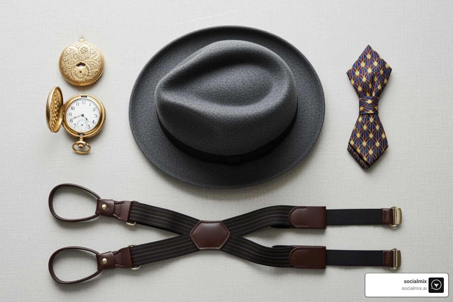 Flat lay of 1920s men's accessories including a fedora, pocket watch, suspenders, and a bow tie - 1920s costume male Flat lay of 1920s men's accessories including a fedora, pocket watch, suspenders, and a bow tie - 1920s costume male