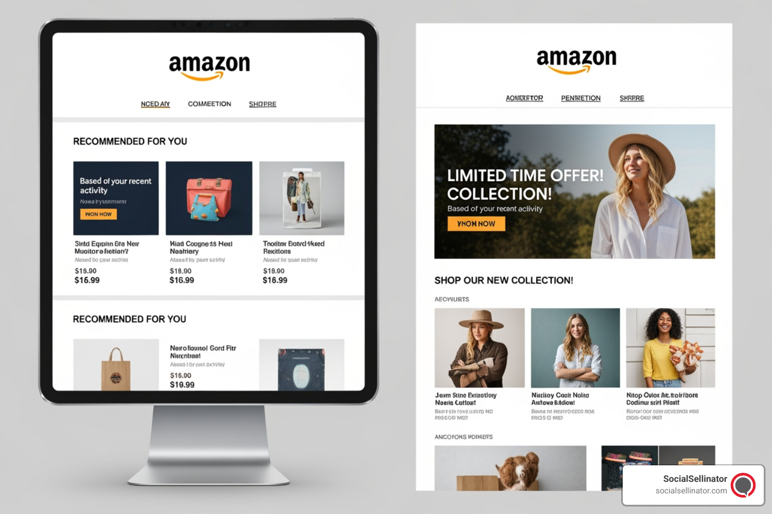 A split-screen image showing an Amazon personalized recommendation email on one side and a generic marketing email on the other. Alt text: A comparison between a personalized Amazon email and a generic, non-personalized marketing email. Metadata: personalized-vs-generic-email.jpg, created by SocialSellinator. - amazon email marketing