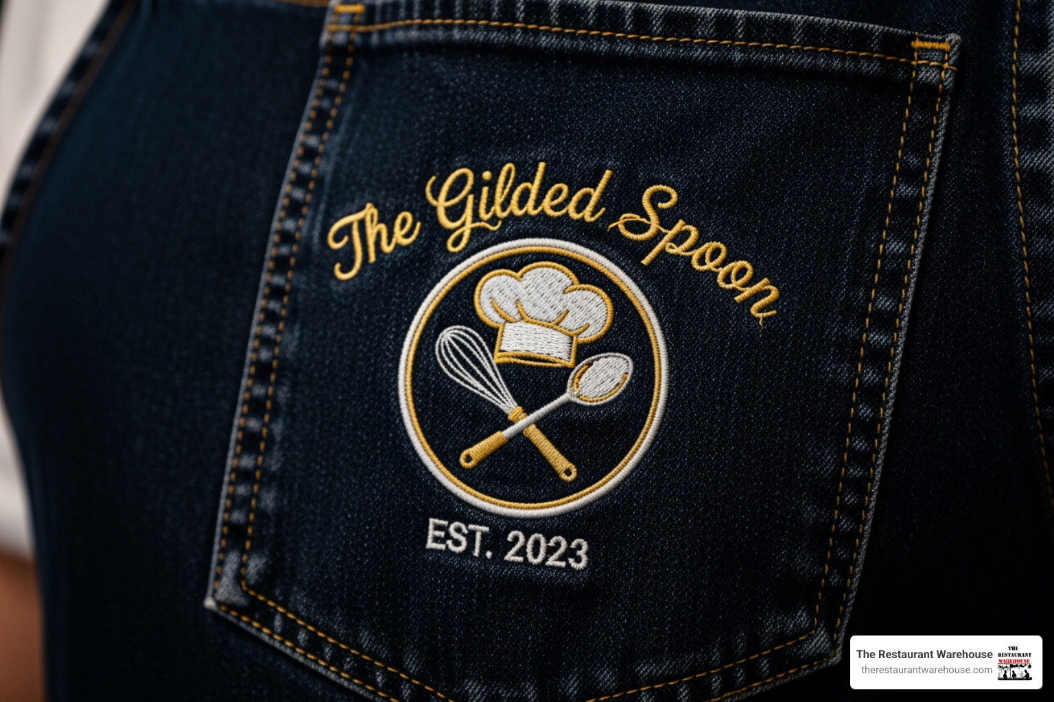 close-up shot of a high-quality embroidered restaurant logo on an apron pocket - wholesale restaurant apparel