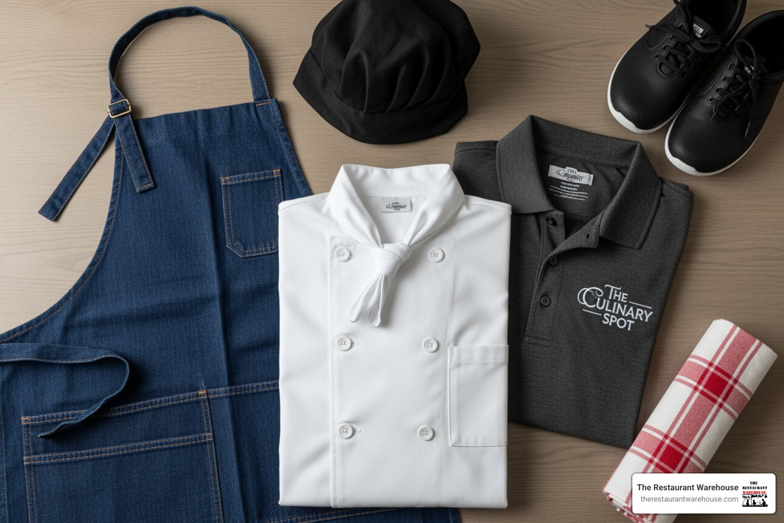 flat lay of restaurant uniforms including a white chef coat, a dark apron, and a branded polo shirt - wholesale restaurant apparel