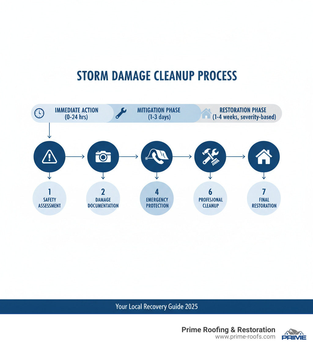 Infographic showing the storm damage cleanup process: 1) Safety Assessment with warning triangle icon, 2) Damage Documentation with camera icon, 3) Insurance Notification with phone icon, 4) Emergency Protection with tarp icon, 5) Professional Cleanup with tools icon, 6) Structural Repairs with hammer icon, 7) Final Restoration with checkmark icon. Timeline shows immediate action (0-24 hours), mitigation phase (1-3 days), and restoration phase (1-4 weeks depending on severity) - storm damage cleanup near me infographic Infographic showing the storm damage cleanup process: 1) Safety Assessment with warning triangle icon, 2) Damage Documentation with camera icon, 3) Insurance Notification with phone icon, 4) Emergency Protection with tarp icon, 5) Professional Cleanup with tools icon, 6) Structural Repairs with hammer icon, 7) Final Restoration with checkmark icon. Timeline shows immediate action (0-24 hours), mitigation phase (1-3 days), and restoration phase (1-4 weeks depending on severity) - storm damage cleanup near me infographic