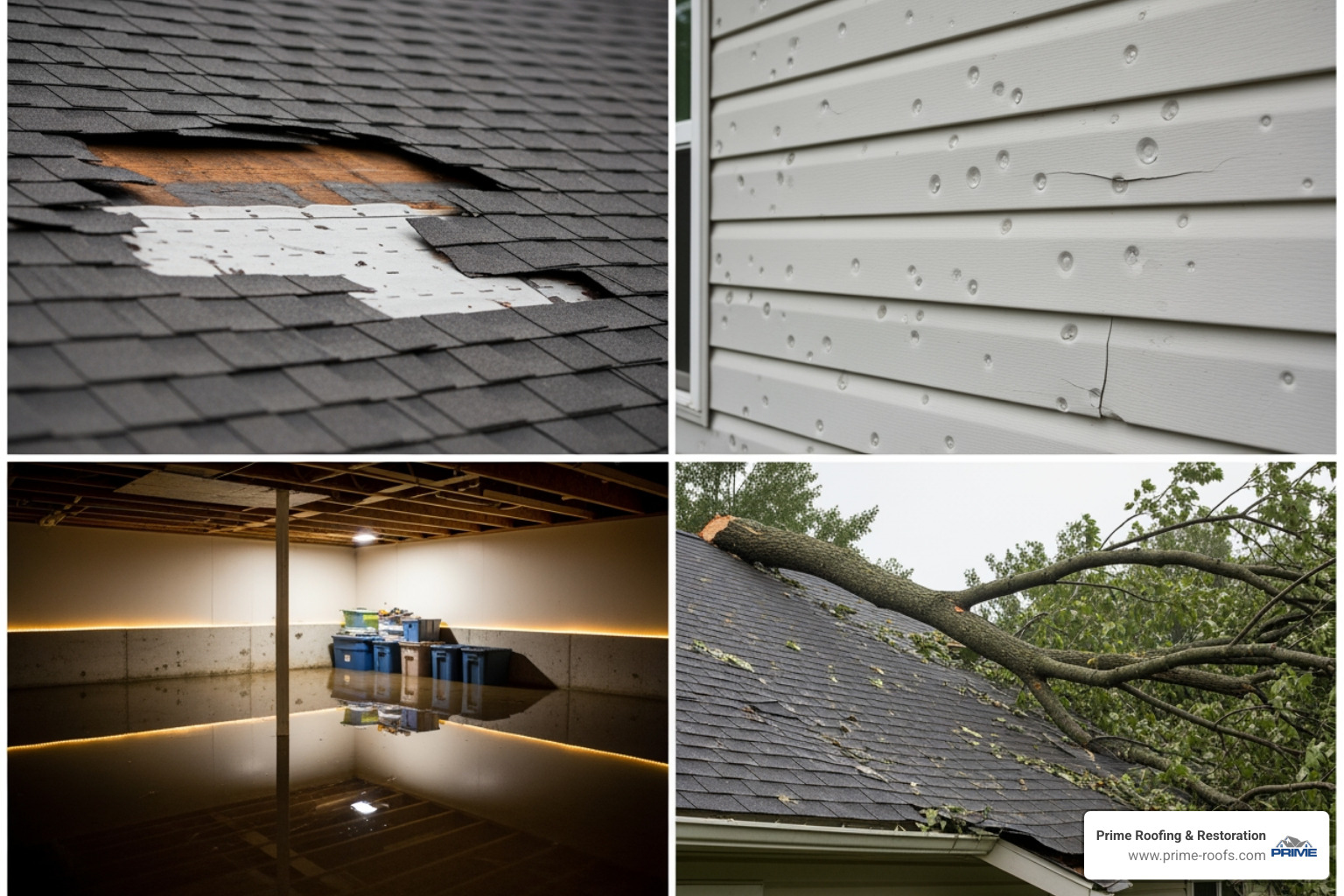 collage showing different types of storm damage: missing shingles, dented siding from hail, a flooded basement, and a fallen tree branch on a roof - storm damage cleanup near me collage showing different types of storm damage: missing shingles, dented siding from hail, a flooded basement, and a fallen tree branch on a roof - storm damage cleanup near me