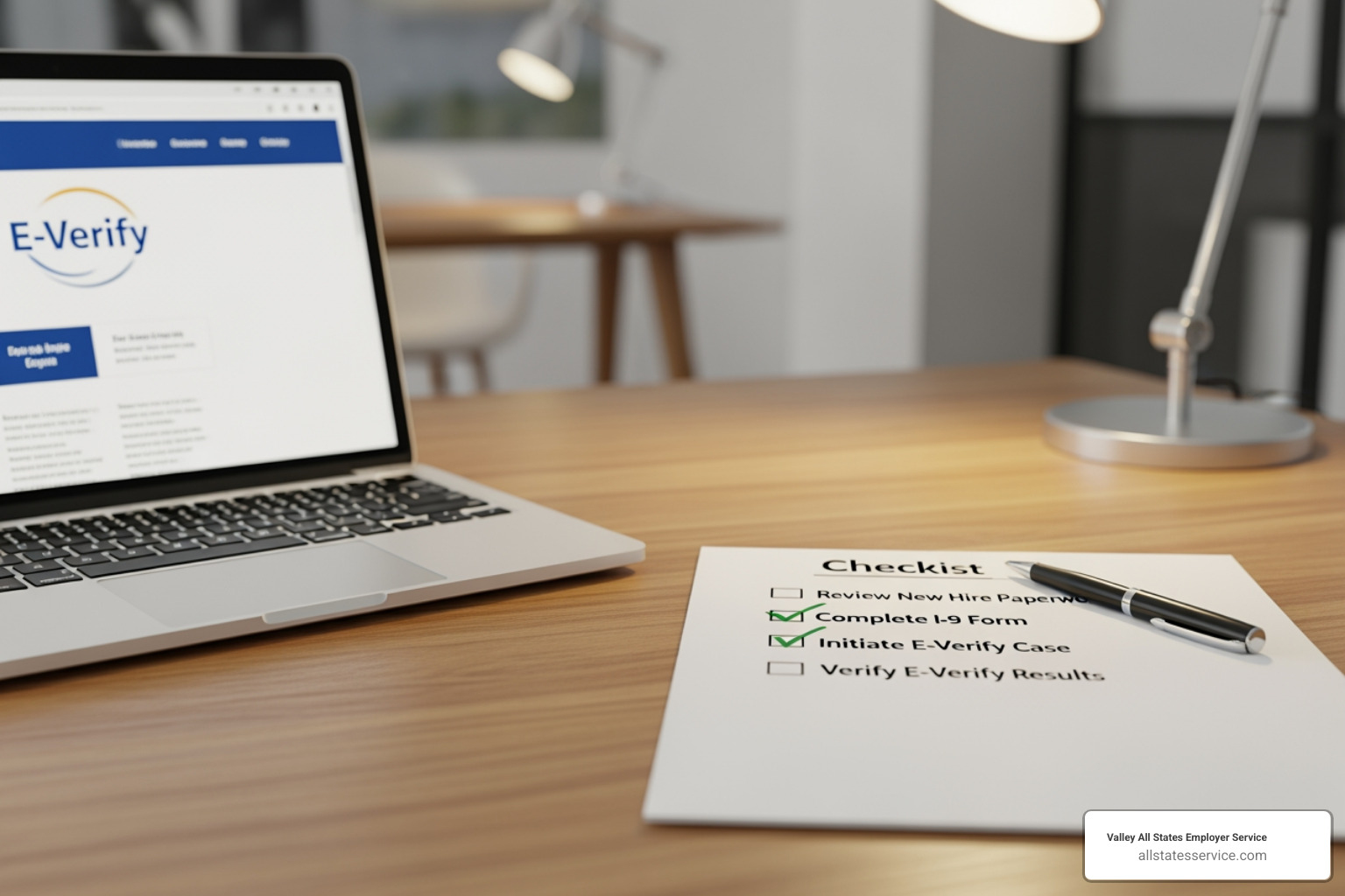 A checklist on a desk next to a laptop displaying the E-Verify homepage - everify sign up