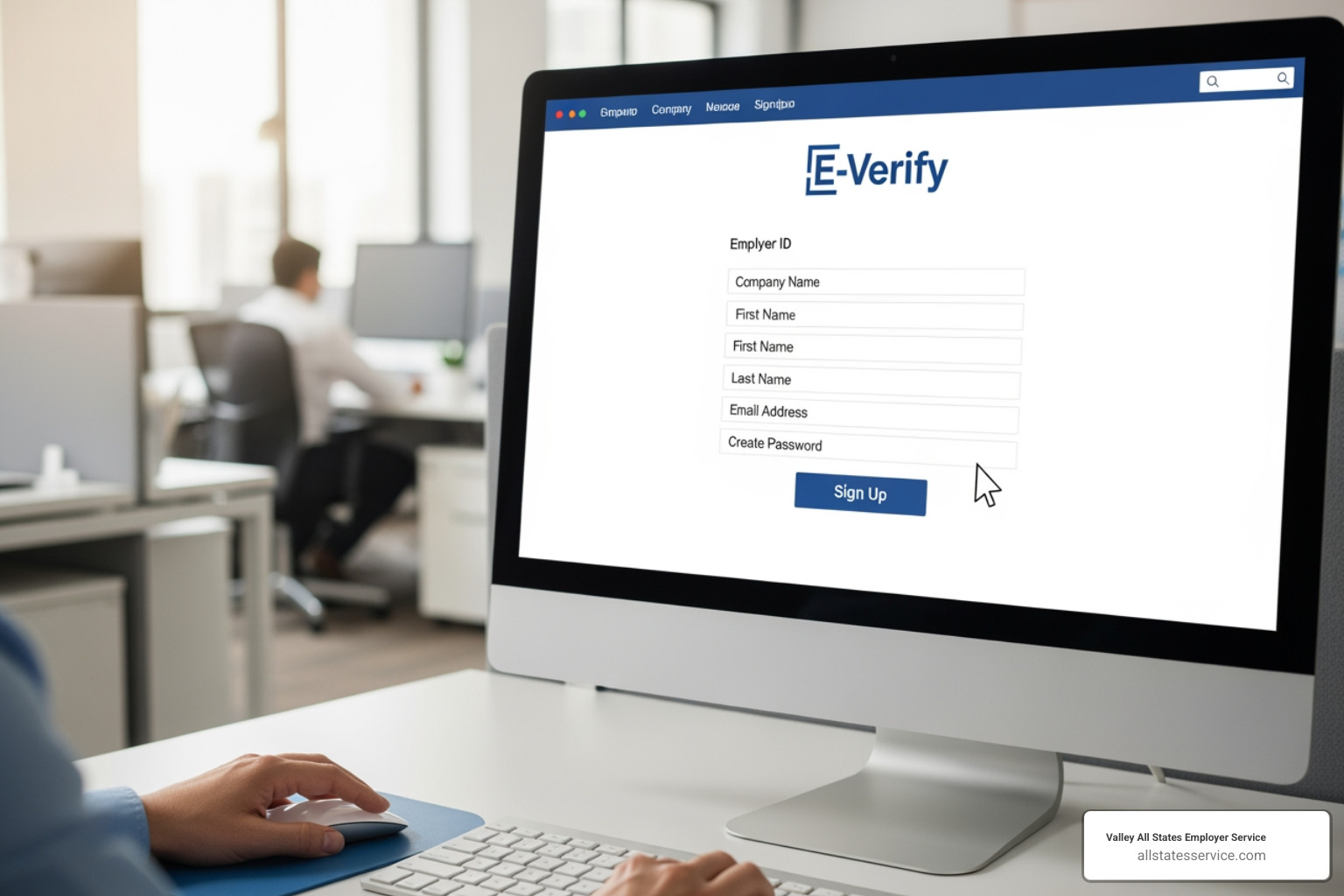 Official E-Verify "Right to Work" and "Participation" posters displayed in an office setting - everify sign up