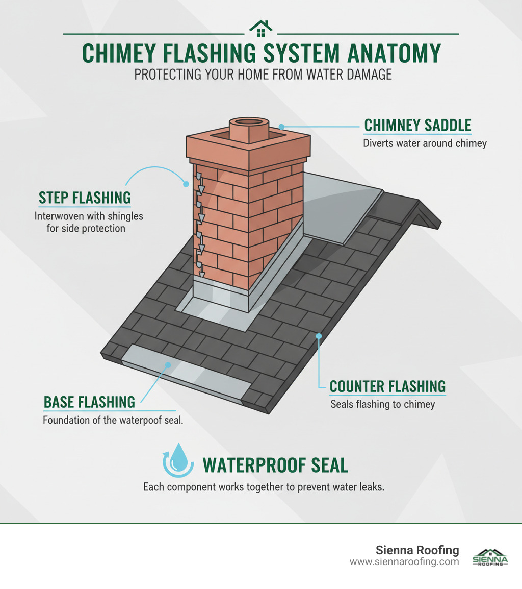 Infographic showing the anatomy of a chimney flashing system, including step flashing interwoven with shingles, counter flashing embedded in mortar joints, base flashing at the chimney bottom, and a chimney saddle diverting water, with labels indicating how each component creates a waterproof seal - Chimney flashing repair infographic 