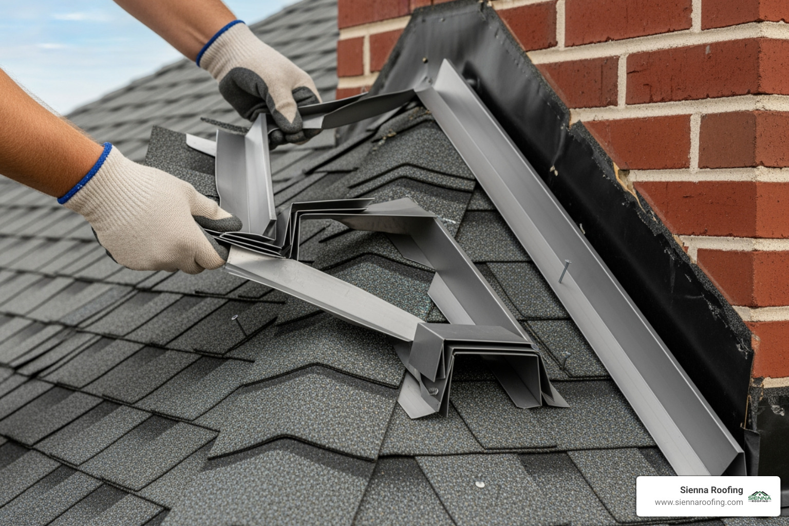 A roofer installing new step flashing alongside shingles - Chimney flashing repair