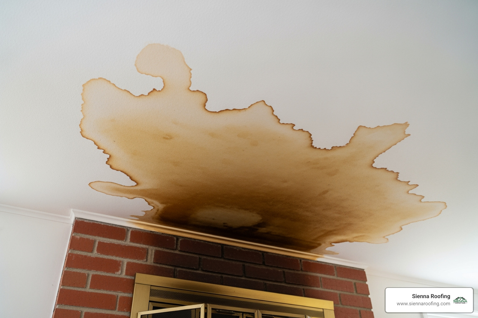Water stains on a ceiling near a fireplace - Chimney flashing repair