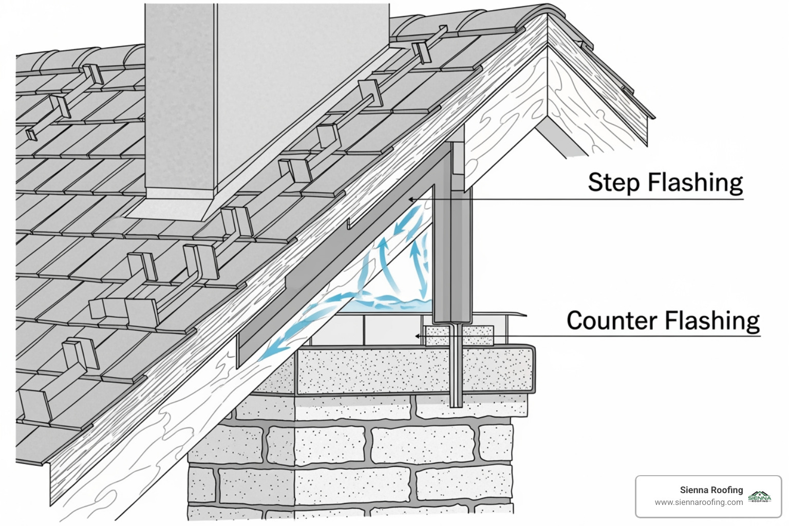 Diagram illustrating the difference between step flashing and counter flashing - Chimney flashing repair