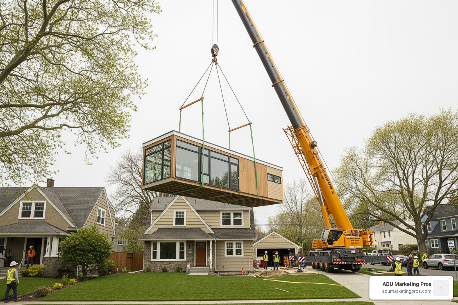 A prefab ADU module being craned into a backyard over a house. - how much is a prefab granny flat