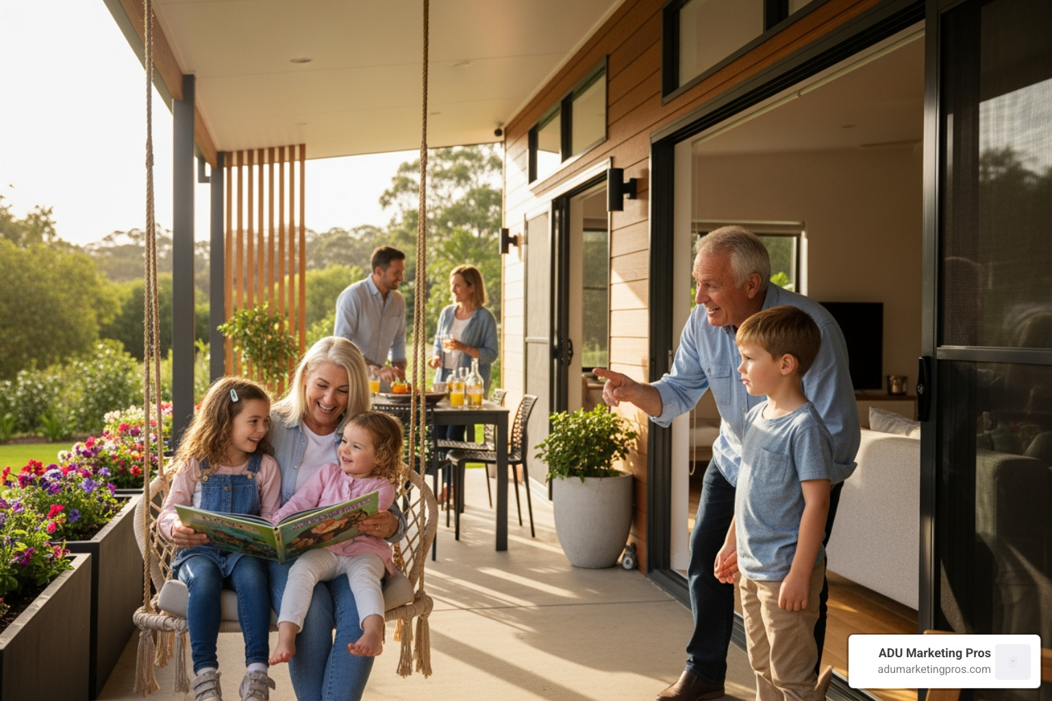 A happy family using their new granny flat, with older parents and grandchildren on the porch. - how much is a prefab granny flat